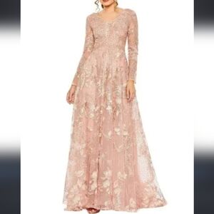 Mac Duggal Rose Pink  Floral Lace Maxi Gown Embellished Long Sleeve Gown Dress